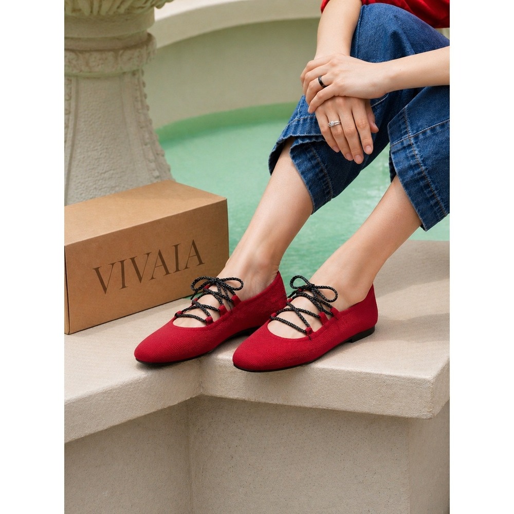 Vivaia Red Square Toe Knit Ballet Flats Lace Up Polka Dot size‎  EU/39 US/8